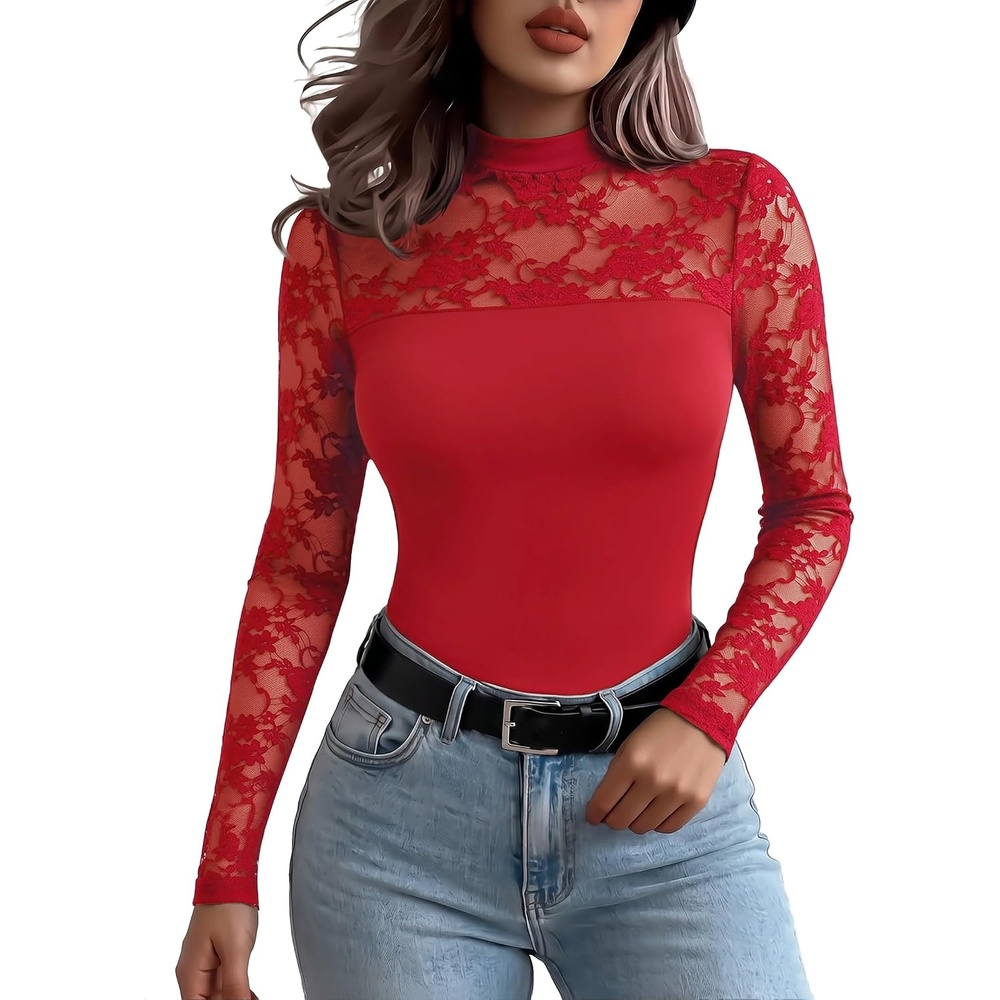 image:imageZeagoo Long Sleeve Shirts for Womens Lace Tops Mesh Sheer Sexy Fall BlouseRed