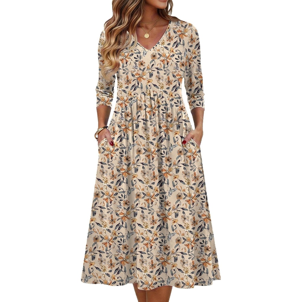image:imageZeagoo Summer Dresses for Women 2026 34 Sleeve Casual Midi Tshirt DressesBeige