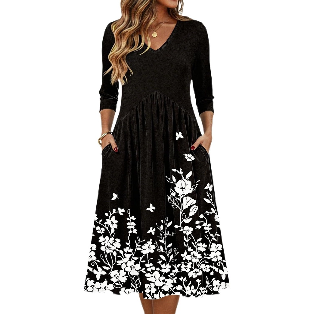 image:imageZeagoo Summer Dresses for Women 2026 34 Sleeve Casual Midi Tshirt DressesBlack Floral