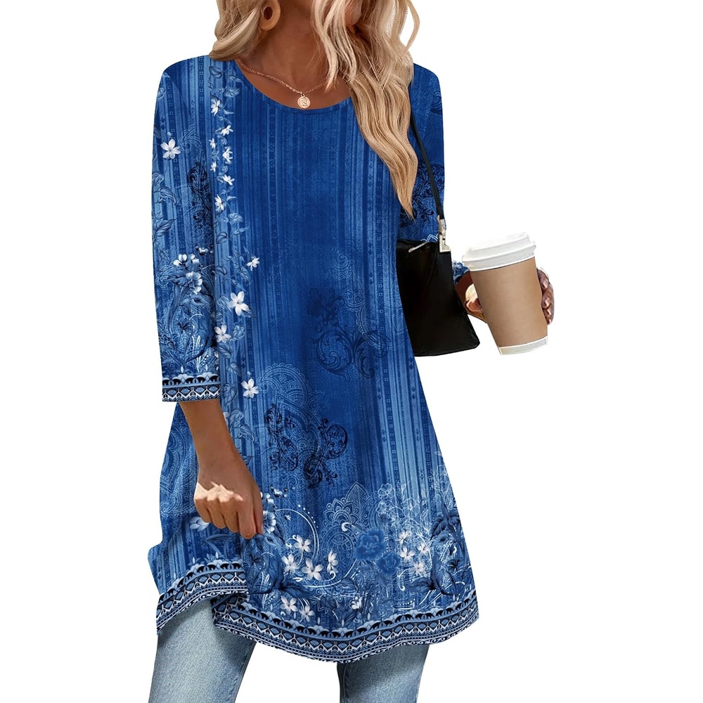 image:imageZeagoo Women Tops 34 Sleeve Dressy Casual Plus Size Tunics Loose BlousesBlue Flowermz845