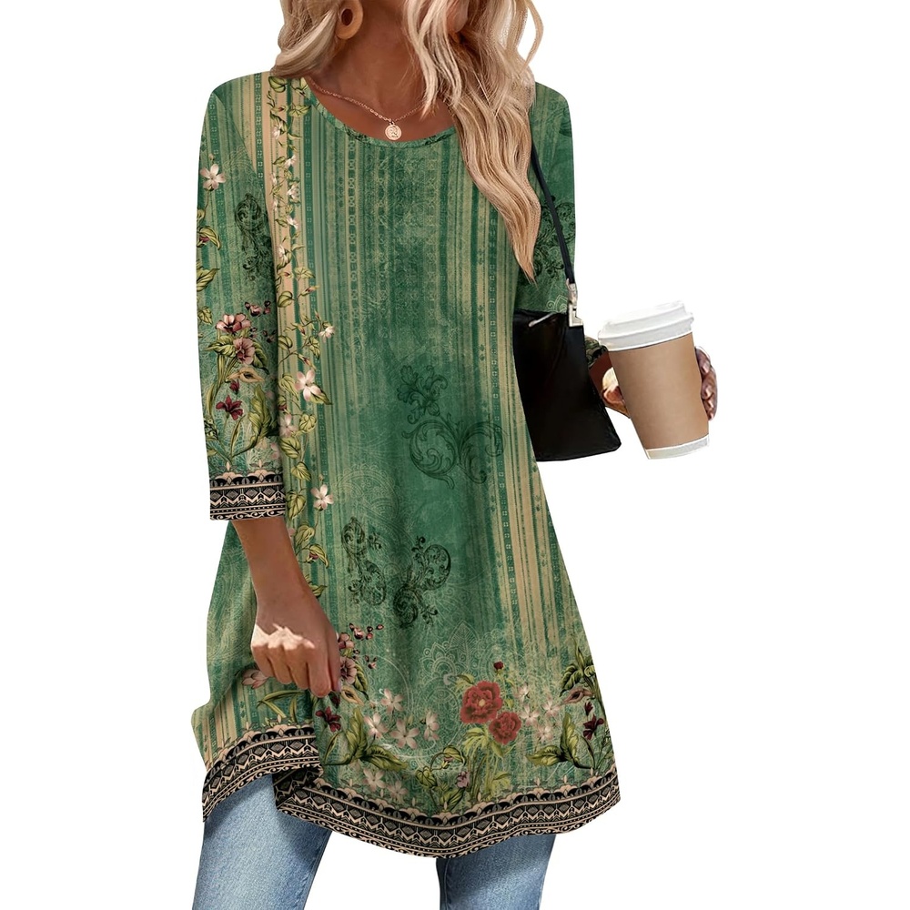 image:imageZeagoo Women Tops 34 Sleeve Dressy Casual Plus Size Tunics Loose BlousesGreen Flowermz839