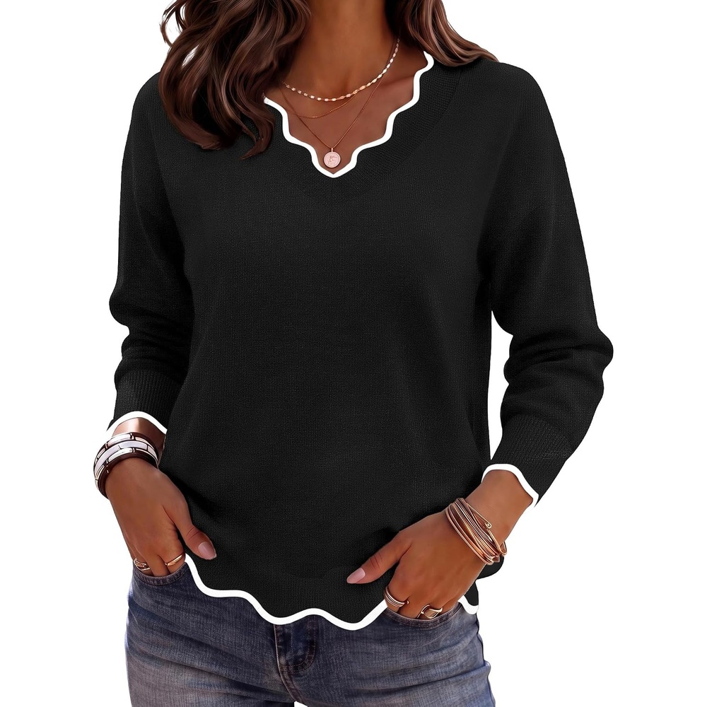 image:imageZeagoo Womens 2026 Fall V Neck Sweater Long Sleeve Lightweight Knit TopsBlack