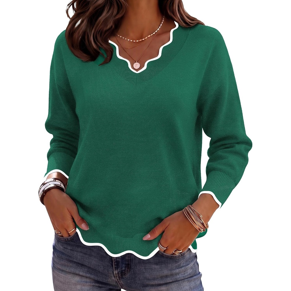 image:imageZeagoo Womens 2026 Fall V Neck Sweater Long Sleeve Lightweight Knit TopsDark Green