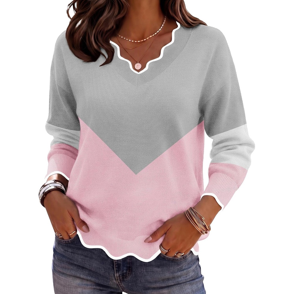 image:imageZeagoo Womens 2026 Fall V Neck Sweater Long Sleeve Lightweight Knit TopsY Grey Pink