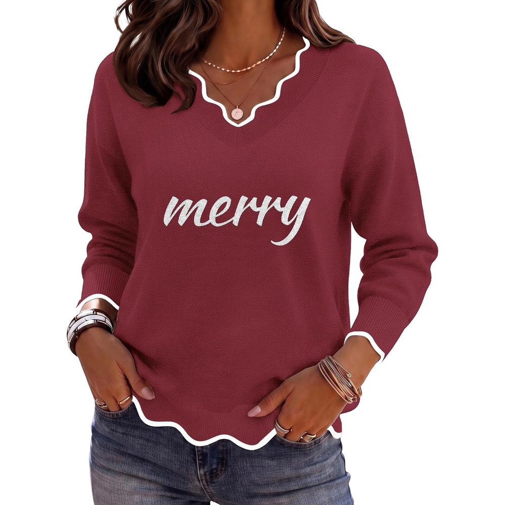 image:imageZeagoo Womens 2026 Fall V Neck Sweater Long Sleeve Lightweight Knit TopsZ Merry
