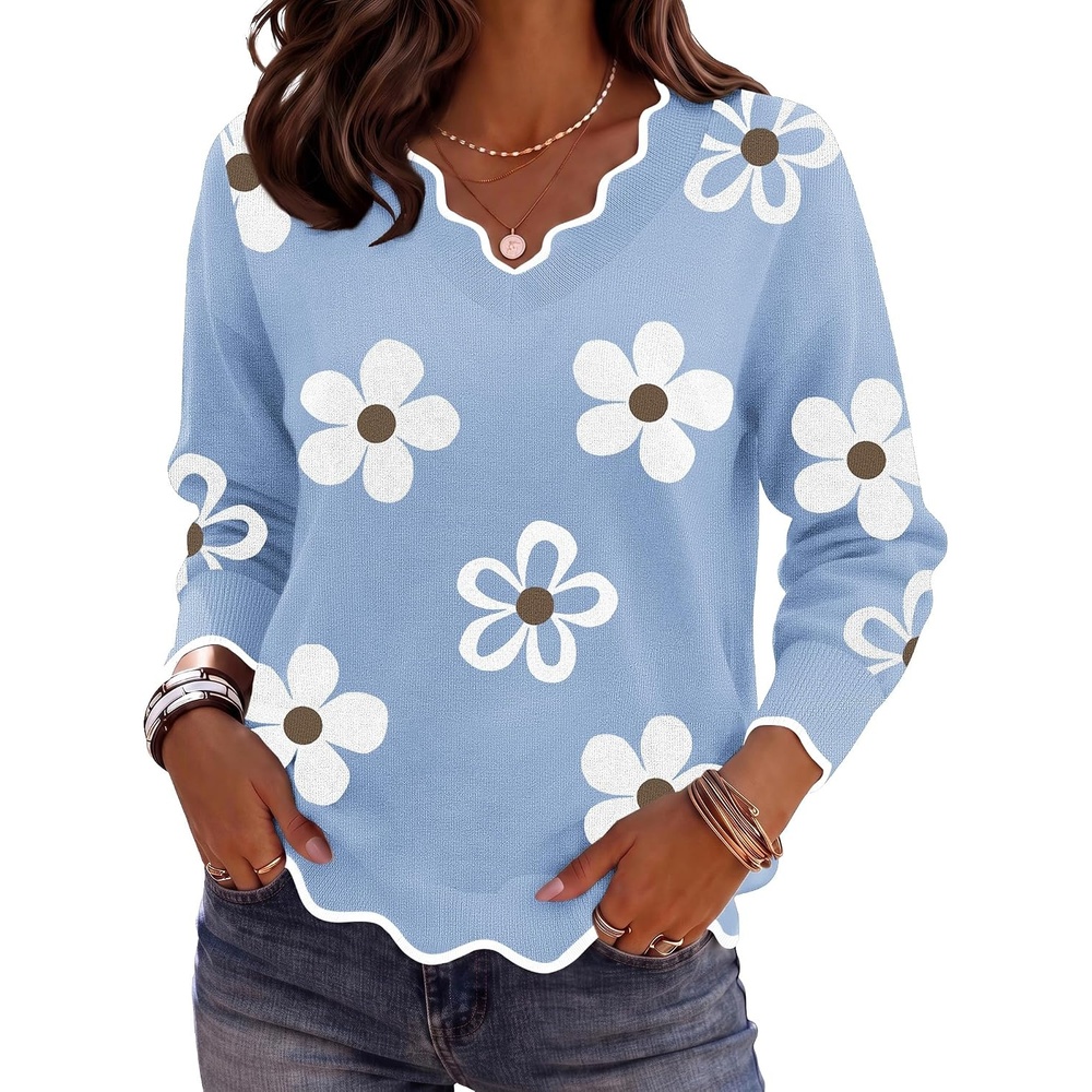 image:imageZeagoo Womens 2026 Fall V Neck Sweater Long Sleeve Lightweight Knit TopsZ Flower Blue