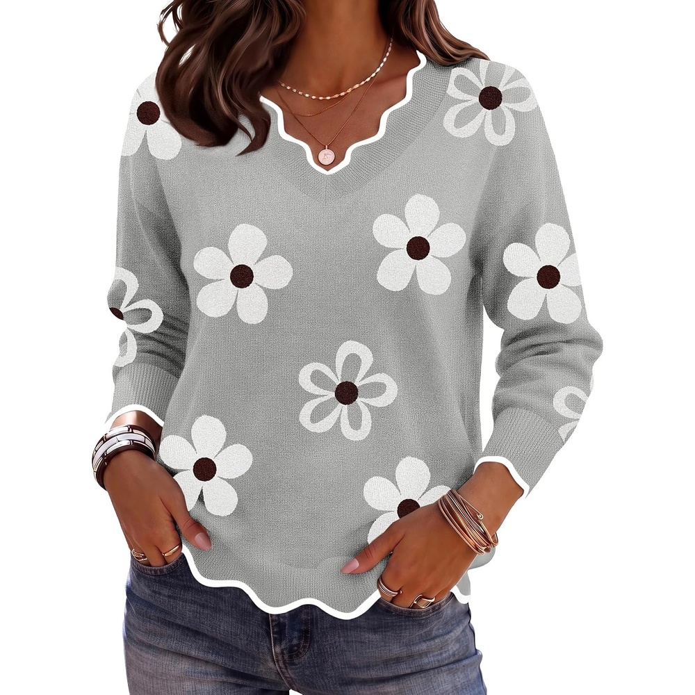 image:imageZeagoo Womens 2026 Fall V Neck Sweater Long Sleeve Lightweight Knit TopsZ Flowers Grey