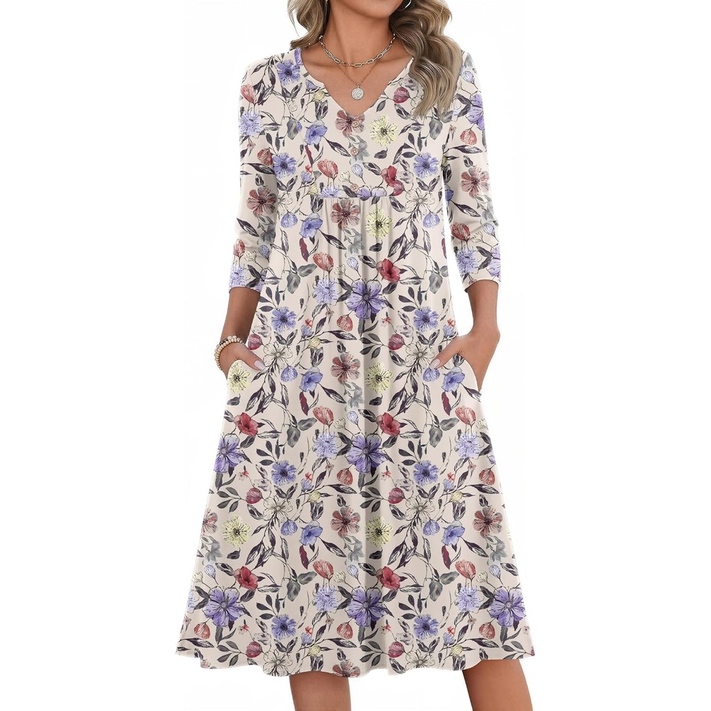 image:imageZeagoo Womens Dresses 34 Sleeve Casual Fall A Line Midi Dress with PocketsApricot Purple Flower