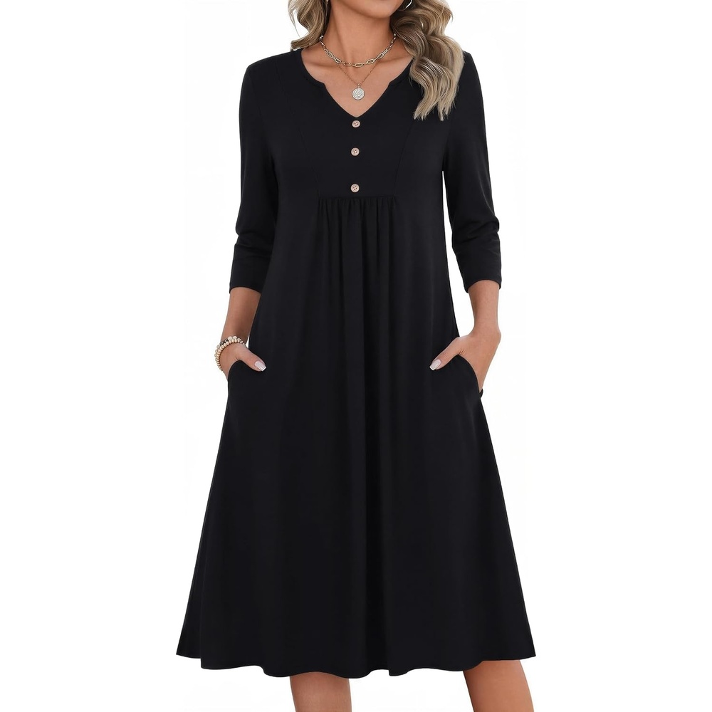 image:imageZeagoo Womens Dresses 34 Sleeve Casual Fall A Line Midi Dress with PocketsBlack