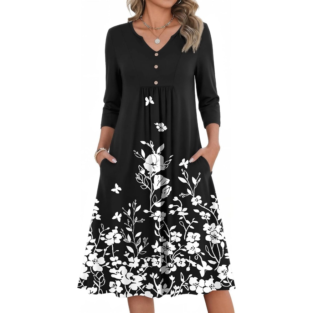 image:imageZeagoo Womens Dresses 34 Sleeve Casual Fall A Line Midi Dress with PocketsBlack White Floral