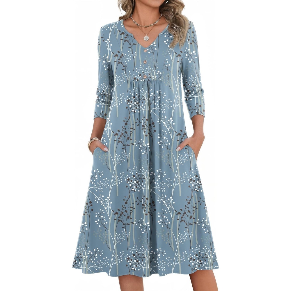 image:imageZeagoo Womens Dresses 34 Sleeve Casual Fall A Line Midi Dress with PocketsBlue Black Leaf