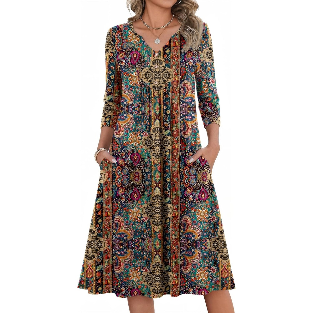 image:imageZeagoo Womens Dresses 34 Sleeve Casual Fall A Line Midi Dress with PocketsEthnic Print 01