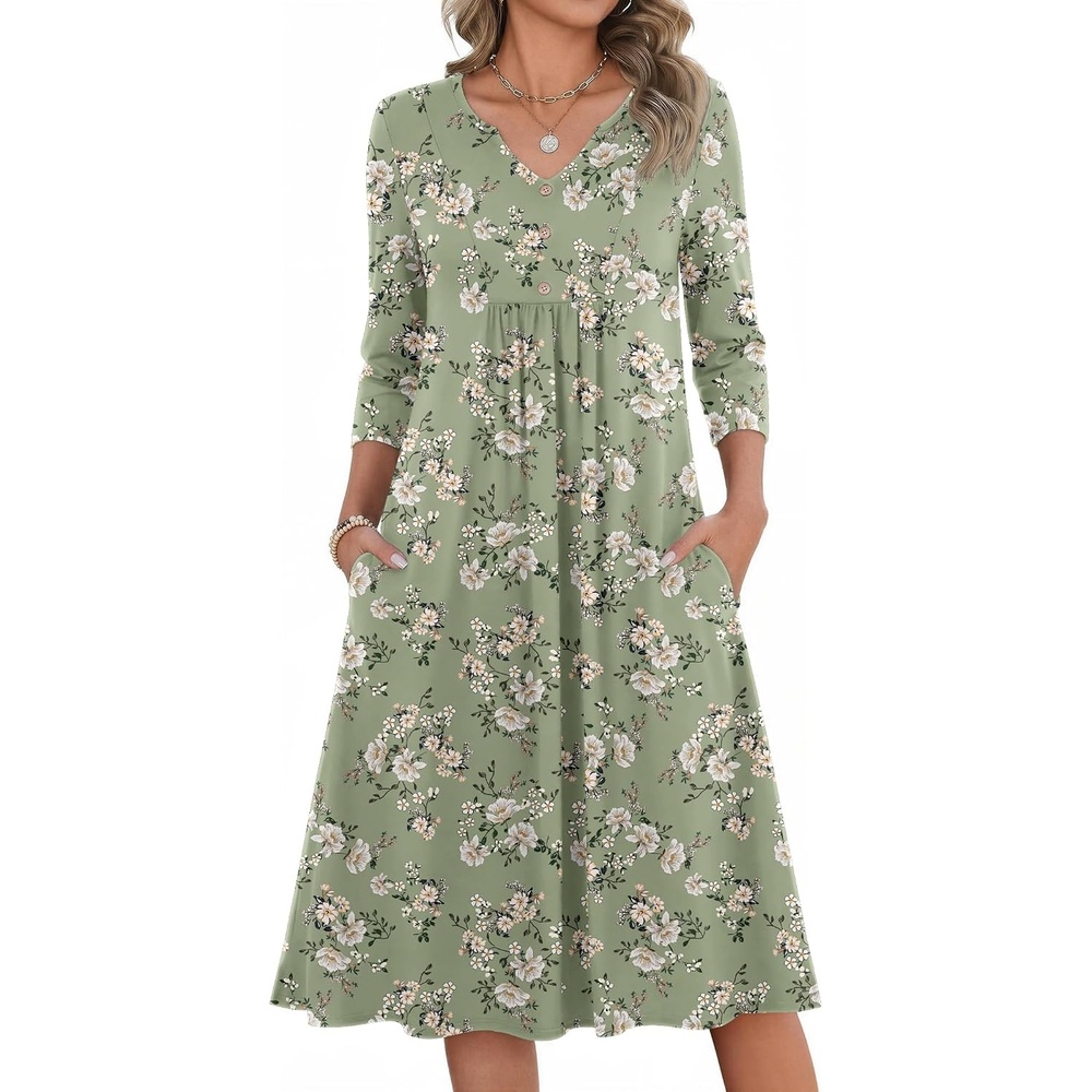image:imageZeagoo Womens Dresses 34 Sleeve Casual Fall A Line Midi Dress with PocketsGreen White Flower