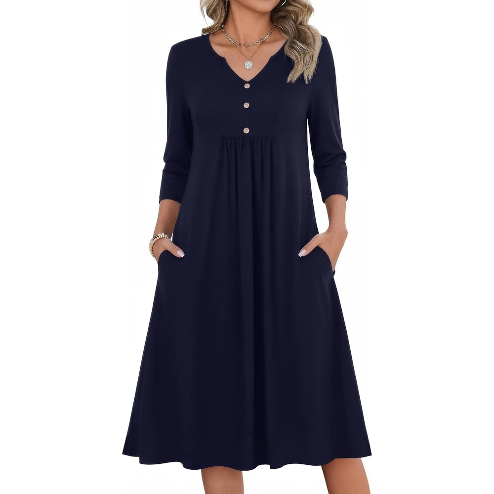 image:imageZeagoo Womens Dresses 34 Sleeve Casual Fall A Line Midi Dress with PocketsNavy Blue