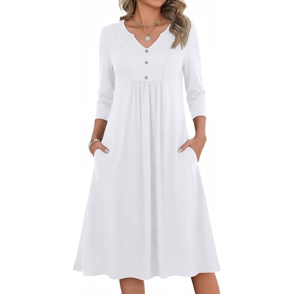 image:imageZeagoo Womens Dresses 34 Sleeve Casual Fall A Line Midi Dress with PocketsWhite