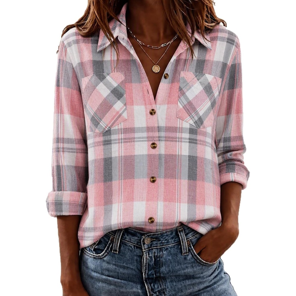 image:imageZeagoo Womens Flannel Plaid Shirts Long Sleeve Button Down Tops Work BlouseApink