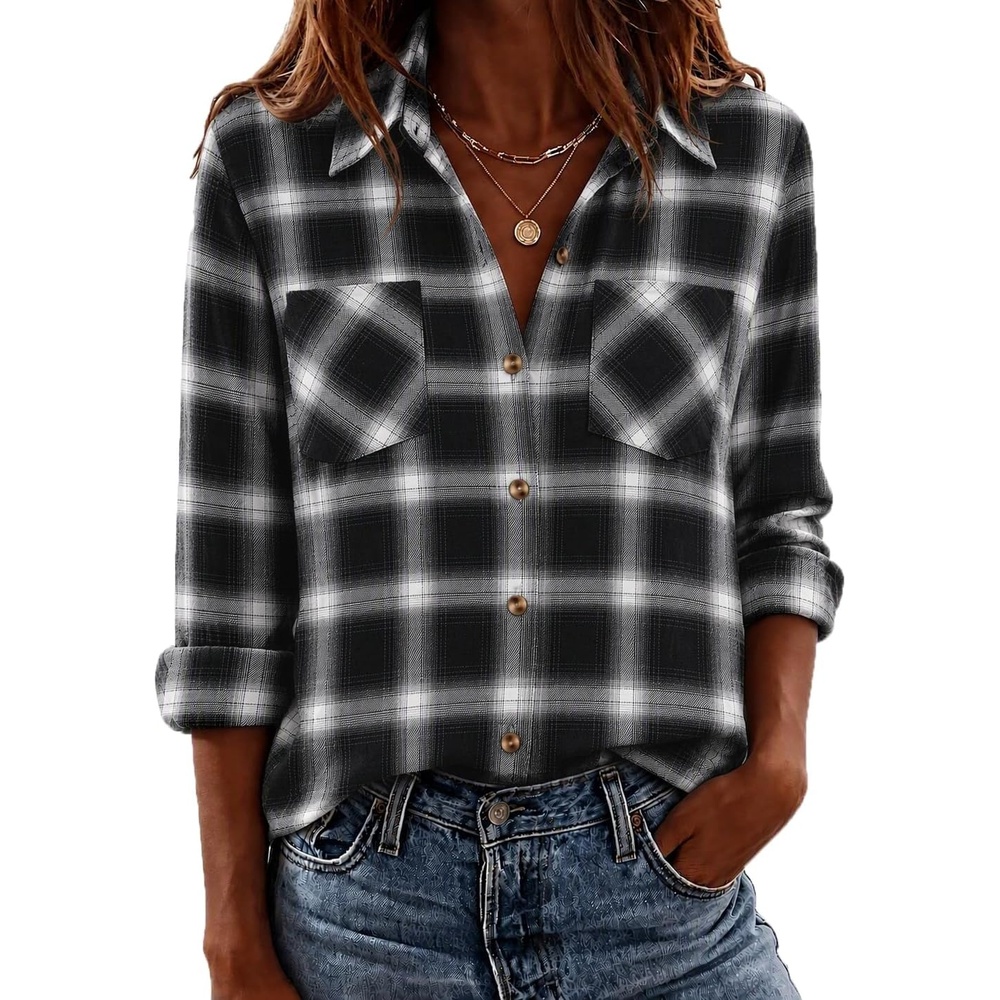 image:imageZeagoo Womens Flannel Plaid Shirts Long Sleeve Button Down Tops Work BlouseBlack