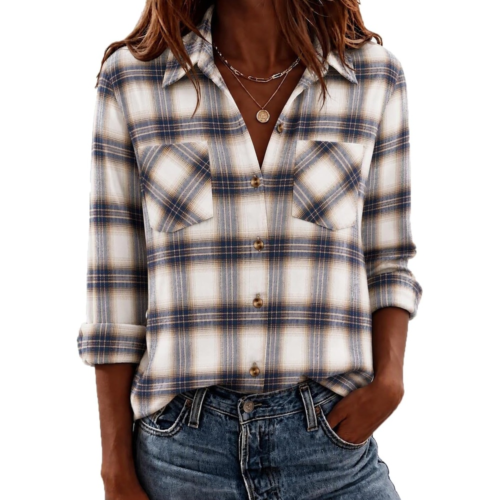 image:imageZeagoo Womens Flannel Plaid Shirts Long Sleeve Button Down Tops Work BlouseBlue Beige Plaid