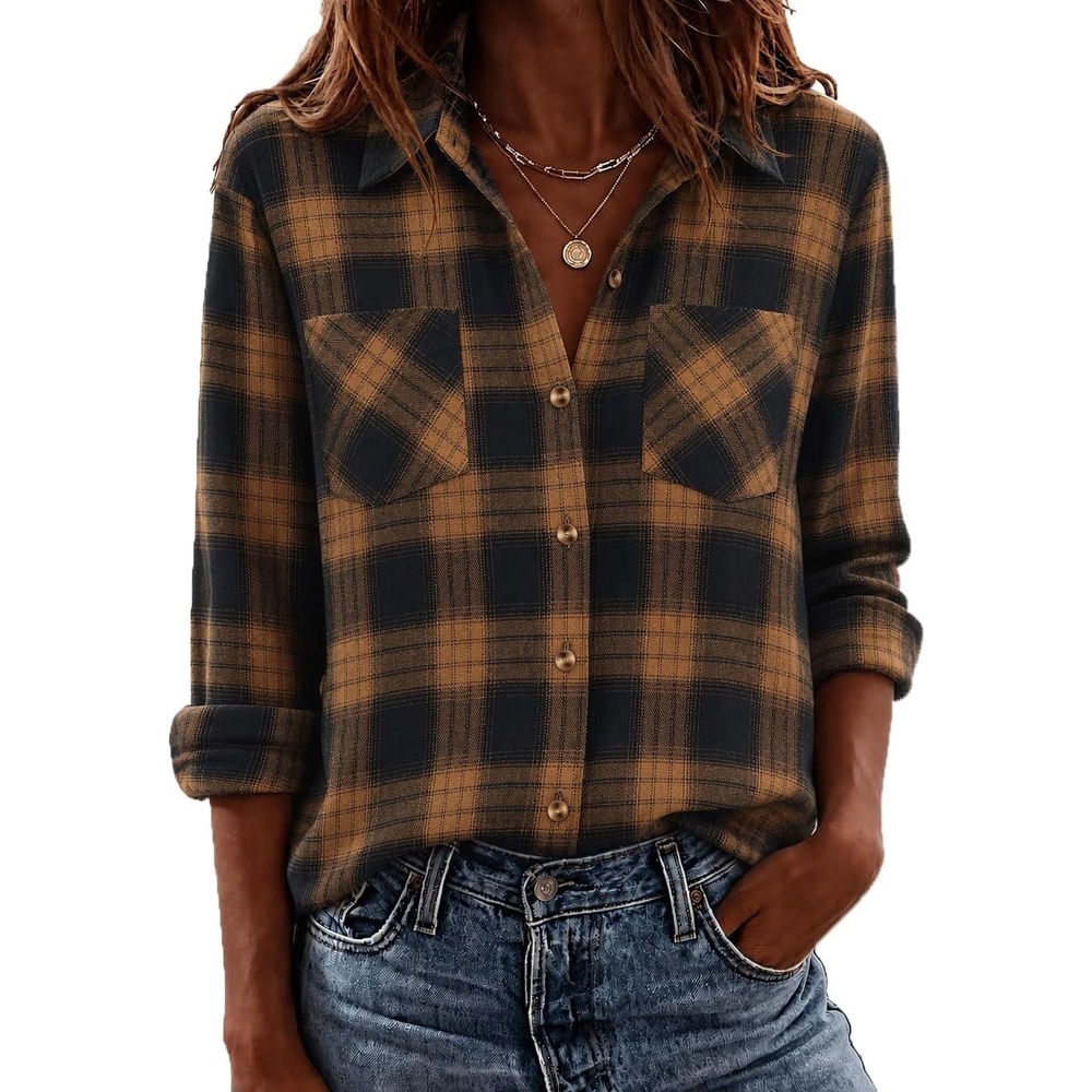 image:imageZeagoo Womens Flannel Plaid Shirts Long Sleeve Button Down Tops Work BlouseBrown