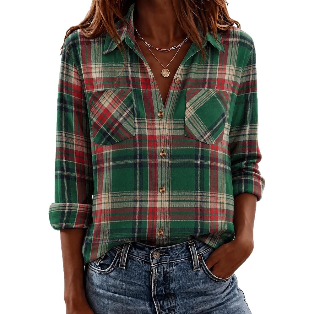 image:imageZeagoo Womens Flannel Plaid Shirts Long Sleeve Button Down Tops Work BlouseGreen Red Plaid