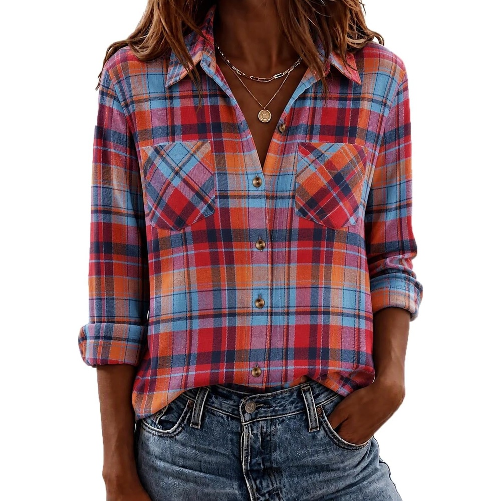 image:imageZeagoo Womens Flannel Plaid Shirts Long Sleeve Button Down Tops Work BlouseRetro Red Blue Plaid