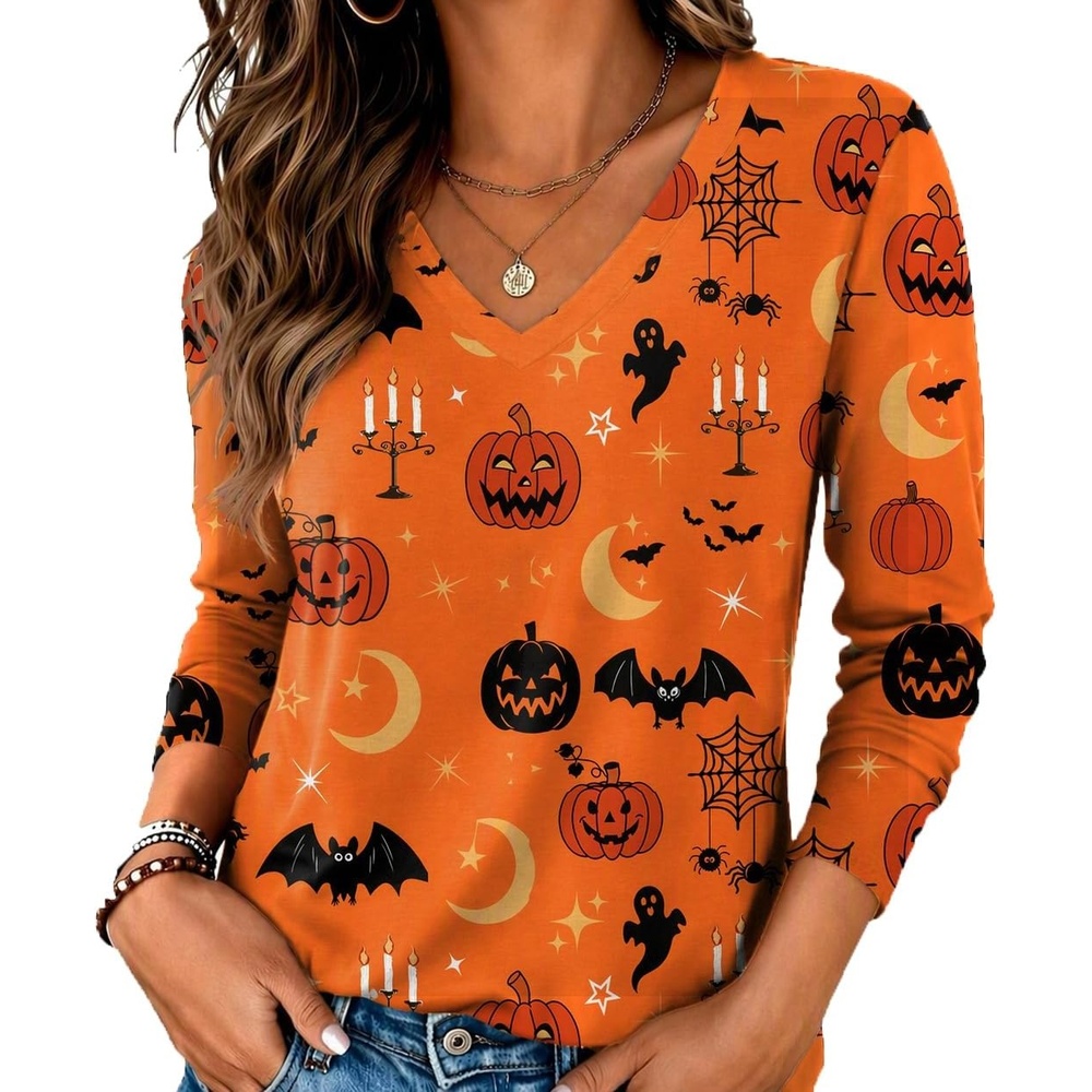 image:imageZeagoo Womens Shirts Long Sleeve Tops V Neck Casual Basic Tee Fall OutfitsOrange Pumpkin