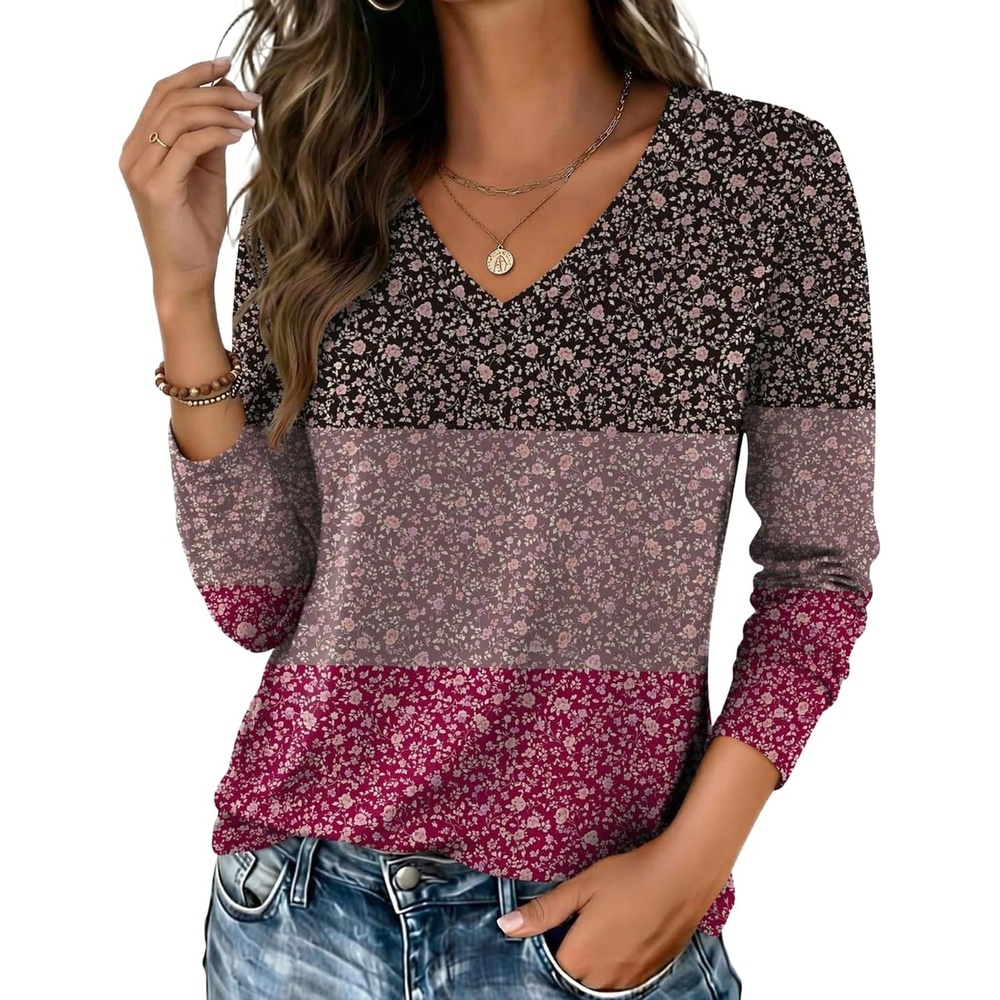 image:imageZeagoo Womens Shirts Long Sleeve Tops V Neck Casual Basic Tee Fall OutfitsVintage Ditsy Floral