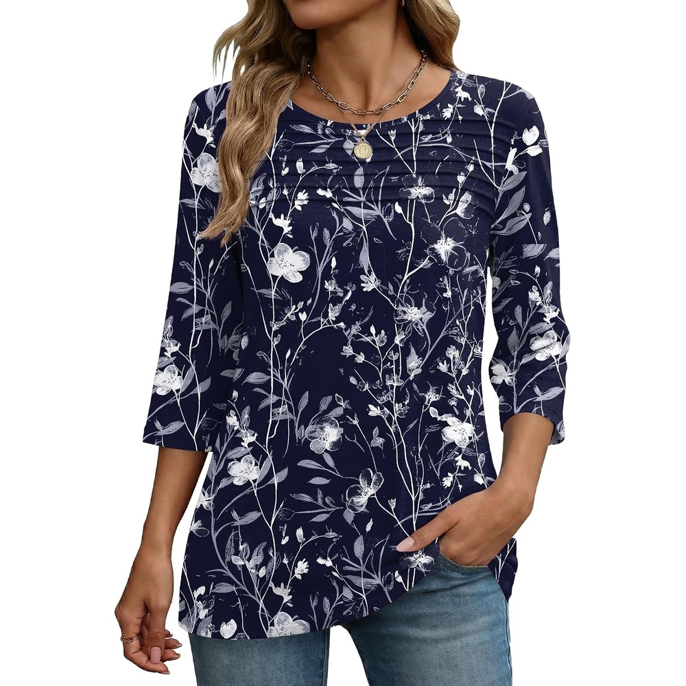 image:imageZeagoo Womens Tops 34 Sleeve Blouses Dressy Casual Shirt Pleated TunicFloral Navy 180