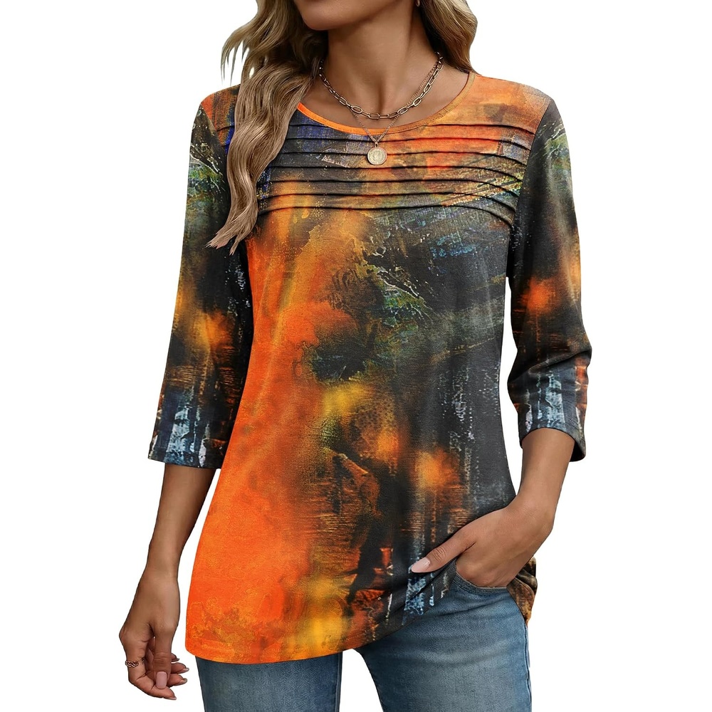 image:imageZeagoo Womens Tops 34 Sleeve Blouses Dressy Casual Shirt Pleated TunicPrinted Orange 272