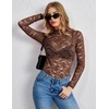 Zeagoo Lace Tops for Women Mesh Sheer Long Sleeve Shirts Going Out Blouses(Brown)