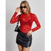 Zeagoo Lace Tops for Women Mesh Sheer Long Sleeve Shirts Going Out Blouses(Red)