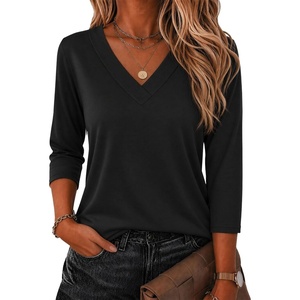 Zeagoo 3/4 Sleeve Womens Top V Neck Shirt Casual Blouse Basic Tshirts S-2XL(Black)