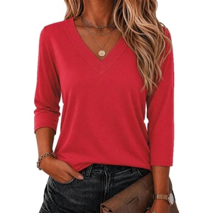 Zeagoo 3/4 Sleeve Womens Top V Neck Shirt Casual Blouse Basic Tshirts S-2XL(Red)