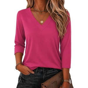 Zeagoo 3/4 Sleeve Womens Top V Neck Shirt Casual Blouse Basic Tshirts S-2XL(Rose Red)