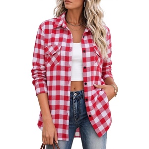 Zeagoo Flannel Shirt Women Plaid Button Down Shackets Long Sleeve Fall Tops(Red White-gz192)