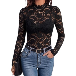 Zeagoo Lace Tops for Women Mesh Sheer Long Sleeve Shirts Going Out Blouses(1-black)