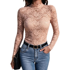 Zeagoo Lace Tops for Women Mesh Sheer Long Sleeve Shirts Going Out Blouses(Beige)