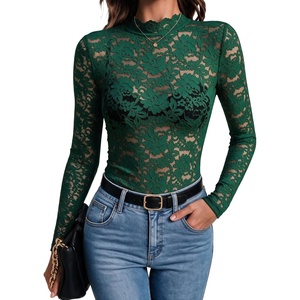 Zeagoo Lace Tops for Women Mesh Sheer Long Sleeve Shirts Going Out Blouses(Dark Green)