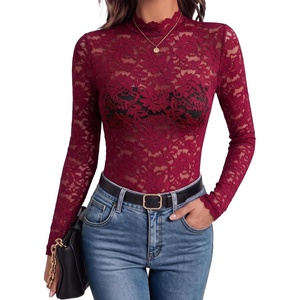 Zeagoo Lace Tops for Women Mesh Sheer Long Sleeve Shirts Going Out Blouses(Dark Red)