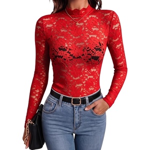 Zeagoo Lace Tops for Women Mesh Sheer Long Sleeve Shirts Going Out Blouses(Red)