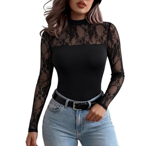 Zeagoo Long Sleeve Shirts for Women’s Lace Tops Mesh Sheer Sexy Fall Blouse(Black)