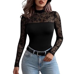 Zeagoo Long Sleeve Shirts for Women’s Lace Tops Mesh Sheer Sexy Fall Blouse(Black Flowers-pat4)