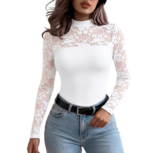 Zeagoo Long Sleeve Shirts for Women’s Lace Tops Mesh Sheer Sexy Fall Blouse(White)