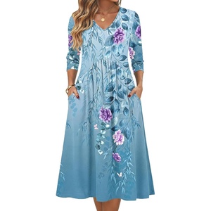 Zeagoo Summer Dresses for Women 2026 3/4 Sleeve Casual Midi Tshirt Dresses(Blue Floral)