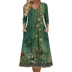 Zeagoo Summer Dresses for Women 2026 3/4 Sleeve Casual Midi Tshirt Dresses(Green Floral)