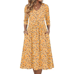Zeagoo Summer Dresses for Women 2026 3/4 Sleeve Casual Midi Tshirt Dresses(Yellow Floral)