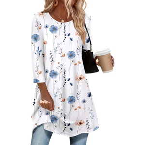 Zeagoo Women Tops 3/4 Sleeve Dressy Casual Plus Size Tunics Loose Blouses(White Flowers-bf290)