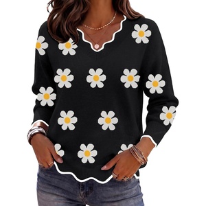 Zeagoo Women’s 2026 Fall V Neck Sweater Long Sleeve Lightweight Knit Tops(Z- Flower Black)