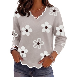 Zeagoo Women’s 2026 Fall V Neck Sweater Long Sleeve Lightweight Knit Tops(Z- Flower White)