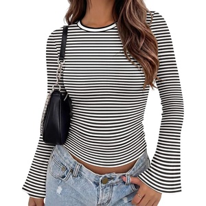 Zeagoo Womens Bell Long Sleeve Tops Crewneck Ribbed Knit Shirts(Black White Stripe)